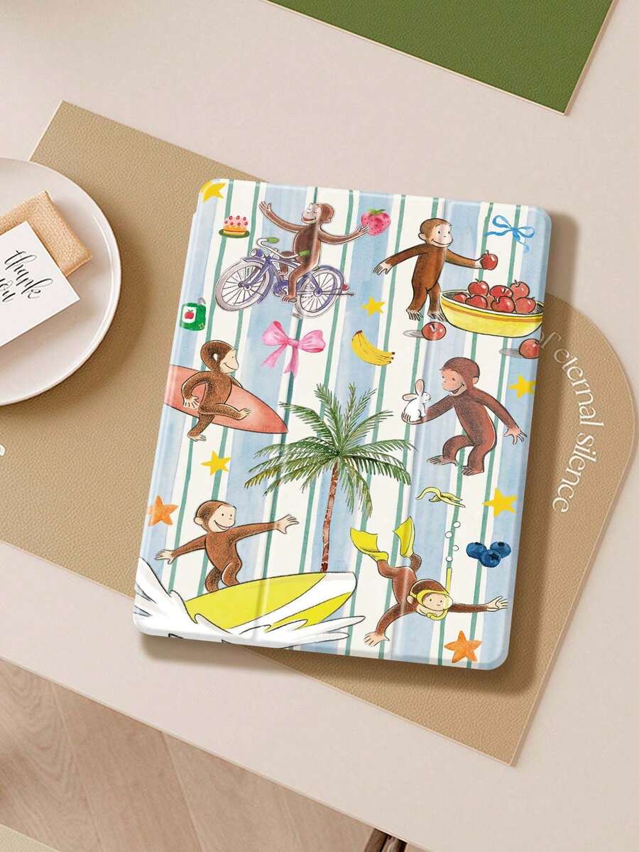 Blue And White Stripes And A Monkey IPad Case Compatible With IPad Air 4/5 10.9 Inch, IPad 7/8/9th 10.2 Inch, Built-In Pencil Slot Compatible With Samsung Tab S6 10.4 Inch, Tab A7 Lite 8.7 Inch, Ins Style Leather Case, Back To School, Valentine's Day, New Year Gift