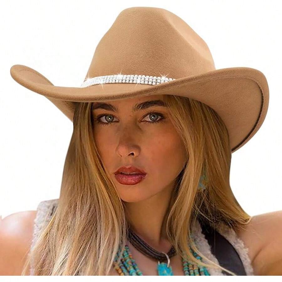 Classic Western Felt Cowboy Hat With Wide Brim For Outdoor Use - 1 Pack Style 7: Camel With Rhinestones Hatband - View 1