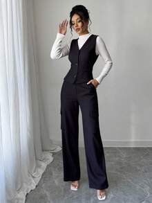 conjunto de chaleco con bolsillos y pantalon con bolsillos tipo cargo externos - Gris - Ver 2