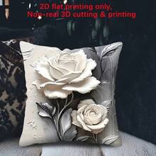 2D Printed, Non-Embroidered Elegant White Rose Throw Pillow Cover - Gray & White Abstract Floral Design, Zippered, Machine Washable Polyester, 17.7x17.7 Inches - For Living Room, Bedroom, Car Seat Decor (Pillow Insert Not Included), Decorative Cushion Cover - Black and White - View 7