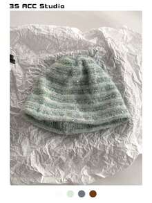 1pc Sequin Stripe Beanie Hat For Women, Fashionable Autumn/Winter Item, Wool Blend Retro Style Knit Cap, Versatile Petite Fit Textured Knit Hat, Streetwear Skateboard Dance Headwear - Multicolor - View 14