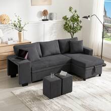 Klappsofa mit Schlaffunktion, L-förmiges umbaubares Ecksofa mit USB-Ladeanschluss und Kissen, 3-Sitzer-Umbausofa mit Seitenablagen und Stauraum