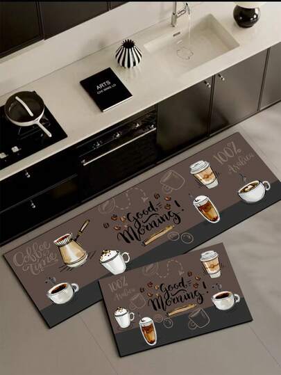 1 pièce Tapis de cuisine en terre de diatomée avec imprimé créatif de tasse à café, tapis de pied fin de luxe absorbant antidérapant avec fond en caoutchouc, tapis décoratif universel pour cuisine, salle de bain, entrée, salon, couloir