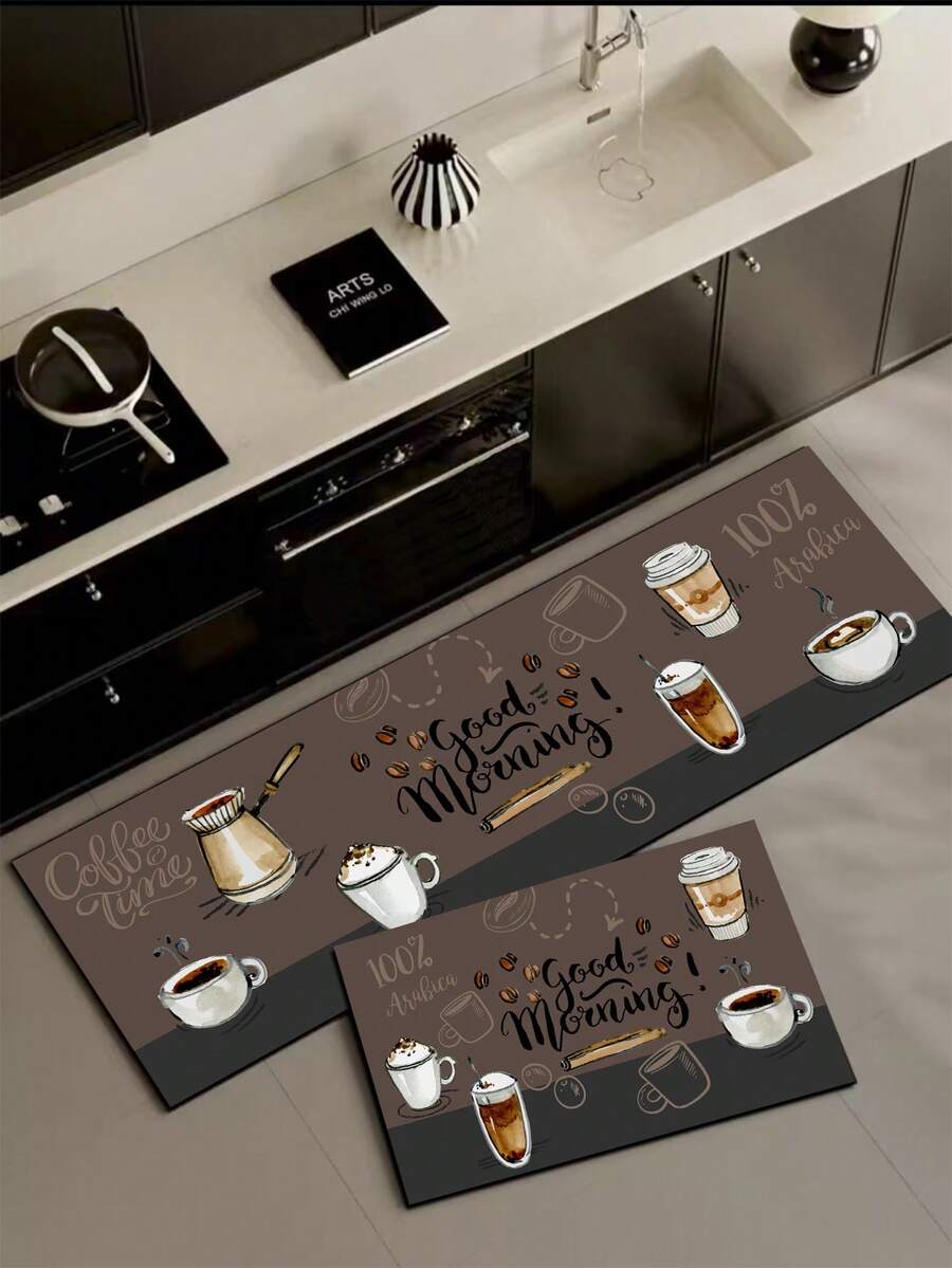 1pc Silica Gel Kitchen Floor Mat With Hand-Painted Coffee-Themed Illustration, Featuring Various Coffee Cup Designs Such As Cream-Topped, Takeaway Paper, Transparent Glass, And Ceramic Black Coffee Cups Christmas Decor Kitchen Rug - Multicolor - View 1