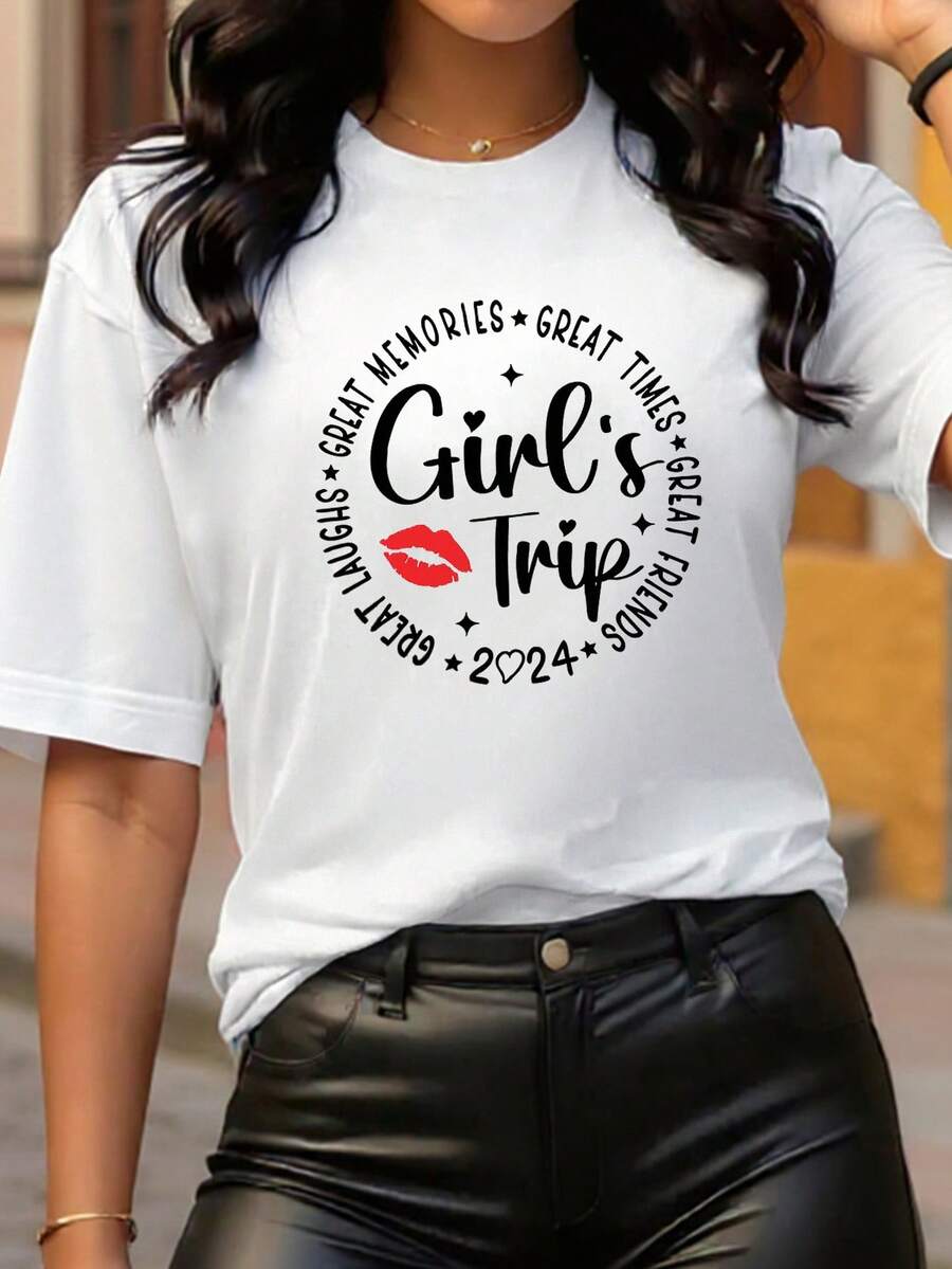 [2025 nueva llegada] camiseta de manga corta para mujeres de verano patrón de moda diseño impreso sensación de estilo casual cuello redondo pullover camiseta para mujeres top versátil - Blanco - Ver 1