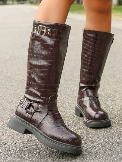 Women's Fashionable Side Zipper Slip-On Mid-Calf Boots, Solid Color Versatile Chunky Heel Boots, Rubber Sole Mid-Calf Boots For Autumn/Winter, Suitable For Music Festivals, Vacations And Travels