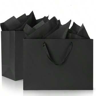 Extra Large Black Gift Bags: 2pcs 16x6x12 Inch Gift Bags With Handle For Birthday Wedding Party Business (With Black Tissue Paper)