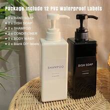 Black Soap Dispenser With Waterproof Labels, Thickened Plastic Hand Soap Dispenser Bathroom, Kitchen Dish Washing Bottles, Shampoo And Conditioner Bottles With Funnel 16oz 2Pack Black
