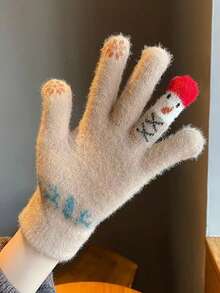 1/3件装毛绒针织圣诞手套 - 触屏可爱雪人手套 保暖学生冬季骑行毛线手套 圣诞礼物 - 彩色 - 查看 3