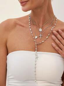 4 件 Y2K 十字架吊坠项链套装，珍珠多层项链，复古颈链，适合女士，适合派对和节日佩戴 - 彩色 - 查看 5