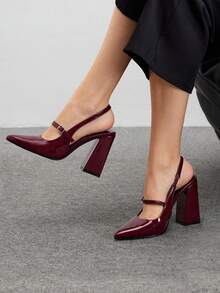 Tacones altos con punta puntiaguda y tacón grueso de color sólido para mujer, elegantes e informales, adecuados para la vida diaria y las citas. - Rojo - Ver 1