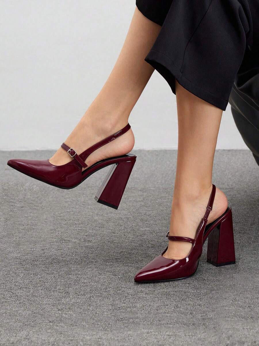 Tacones altos con punta puntiaguda y tacón grueso de color sólido para mujer, elegantes e informales, adecuados para la vida diaria y las citas. - Rojo - Ver 1