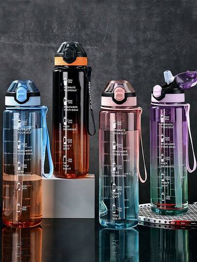 1 个 33 盎司（约 1000 毫升）渐变色水瓶，带时间标记，激励性，防漏，适合健身、健身房、户外使用，防漏水瓶，由涤纶制成，宽口，包括清洁刷，适用于旅行、家庭、学校、办公室（1 瓶），适合学校、露营和徒步旅行