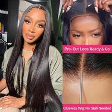 NARNI 40 Inch 5x5 Straight Glueless Human Hair Wig 250% Density HD Lace Put On And Go Closure Wigs Human Hair Pre Plucked Pre Cut No Glue Transparent Human Hair Wigs For Women With Baby Hair Natural Color - Natural Black - 查看 9