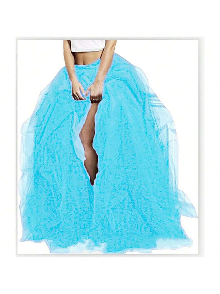 Women's Tulle Maxi Skirt Vestidos De Fiesta Elegantes Floor Length Layered Elastic High Waist Split Skirt A-Line Puffy Lace Mesh Tutu Skirt - 寶藍色 - 查看 1