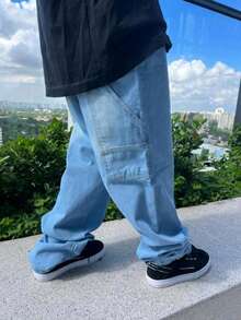 Carpenter Pants Plus Size Cargo Dazzling Balloon Jeans Men's Wide Leg Streetwear - 藍色 - 淺色 - 查看 2