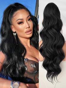 Ponytail Extension Hair Drawstring Clip In Hair Extensions Black 24 Inch Long Natural Wave Heat Resistant Fiber Synthetic Ponytail Hairpiece For Women Daily Used