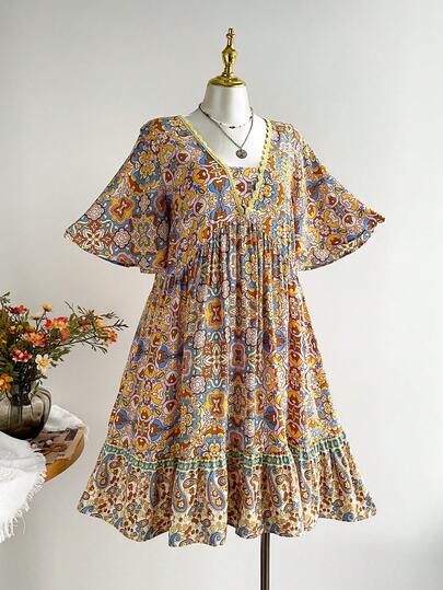 Rusttydustty Vestido holgado de línea A de manga corta con cuello en V, estampado de hojas tropicales en estilo boho, en rojo y rosa, look de verano