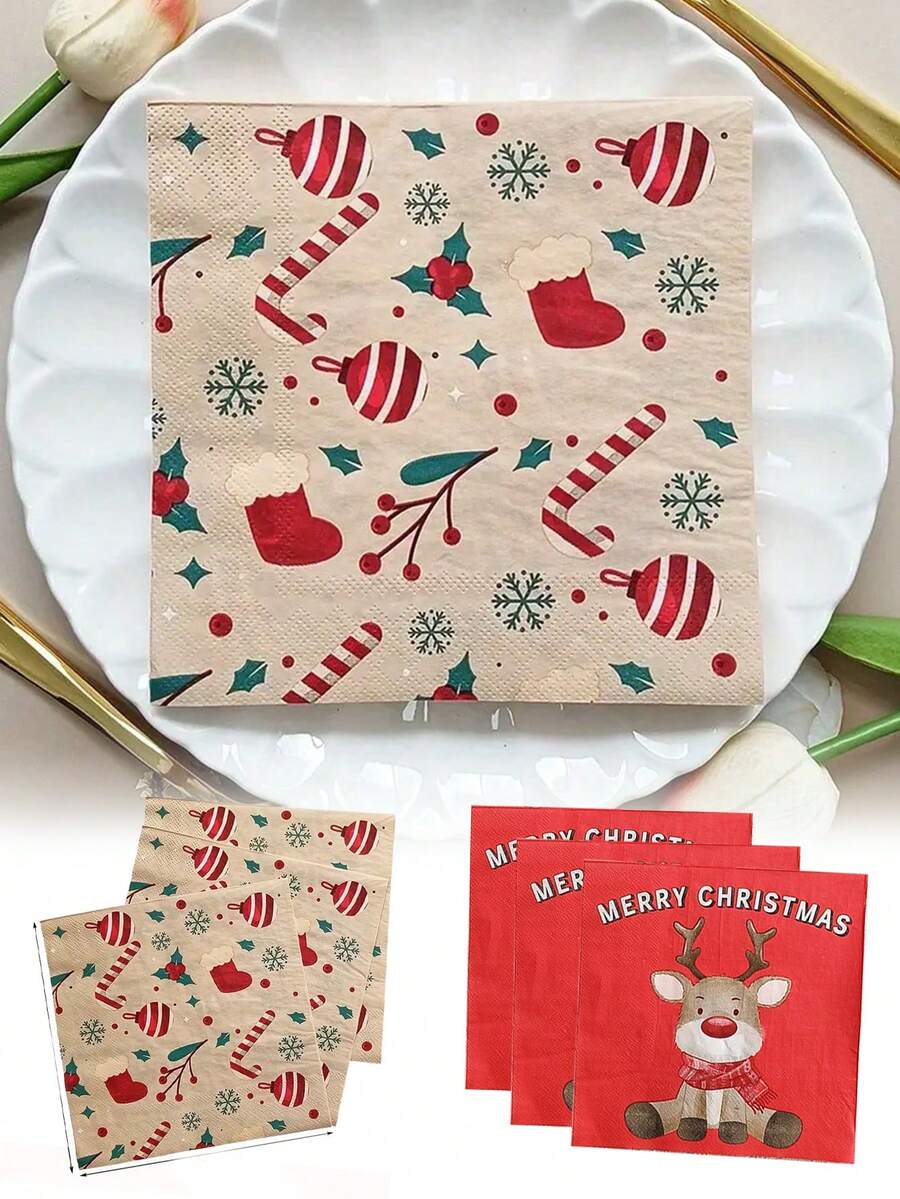 20pcs Christmas Themed Candy Cane Paper Napkins, 2-Ply Disposable Dinner Napkins - Suitable For Holiday Parties, Christmas Decorations, Seasonal Tableware, Home, Party Decor, General Celebrations