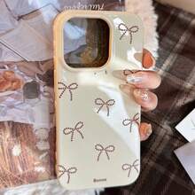 1pc Small Pink Bow & Blue Lace Bow Decor Phone Case Compatible With Apple - Beige - View 1