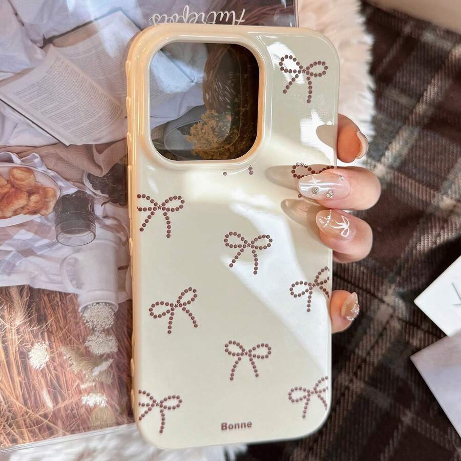 1pc Small Pink Bow & Blue Lace Bow Decor Phone Case Compatible With Apple - Beige - View 1