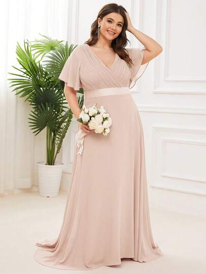 Plus Size Elegant V-Neck Ruched Bust Light Pink Bridesmaid Dress, Wedding Guest Formal Dress
