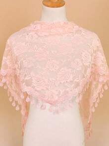 1件时尚纯色蕾丝三角头纱，轻盈花卉刺绣镂空披肩围巾，适合教堂祈祷、婚礼头纱、新娘头纱、秋季女装、情人节配饰