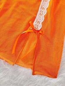 Conjunto de lencería de dormir con vestido de malla con abertura y tanga con lazo de encaje semitransparente y sexy para mujer - Naranja - Ver 4
