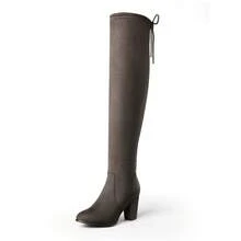 Women Chunky Heel Soft Faux Fur Over The Knee High Boots Elastic Suede Leather Sock Boots For Autumn Winter Wearing - 卡其色 - 查看 3