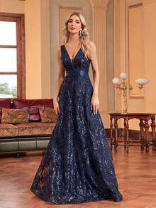 Đầm dạ hội dài đến sàn, không tay, ôm eo, cổ chữ V, không đính sequin và thêu họa tiết của BluePlum dành cho nữ, thanh lịch, trang trọng (đính kèm nhiều chi tiết) cho đám cưới mùa xuân. - Màu xanh hải quân - Xem 3