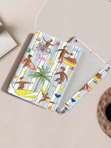 Blue And White Stripes And A Monkey IPad Case Compatible With IPad Air 4/5 10.9 Inch, IPad 7/8/9th 10.2 Inch, Built-In Pencil Slot Compatible With Samsung Tab S6 10.4 Inch, Tab A7 Lite 8.7 Inch, Ins Style Leather Case, Back To School, Valentine's Day, New Year Gift