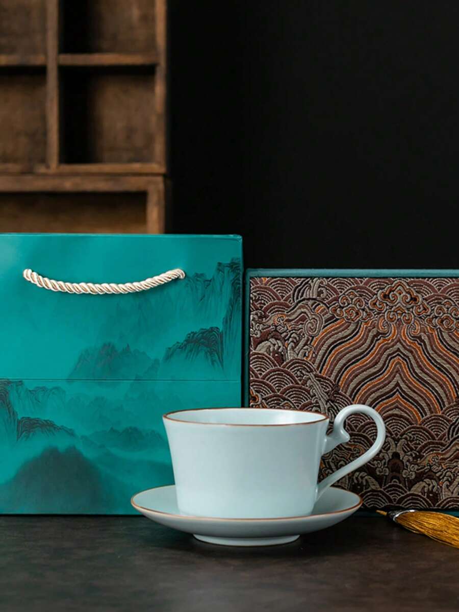 yuanhetang Juego de taza y platillo de café de cerámica de alta gama, taza de café de cerámica de horno Ru estilo nórdico, taza de té de cerámica premium, caja de regalo para inauguración de casa, se puede imprimir logotipo, taza premium