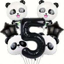7pcs Panda Themed Birthday Foil Balloon Set, Including 18" Black Star And Cute Panda Head, Paired With 32" Black Number 1, 2, 3, 4, 5, 6, Essential Panda Party Decorations For Kids - Black - View 10