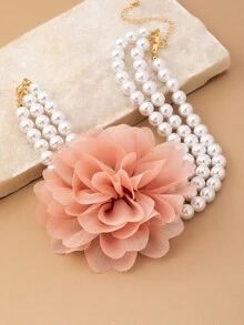 1pc Elegant Beaded Multi-Color Fabric Net Floral Triple Pearl Unique Necklace For Women - Mesh Flowers - View 7
