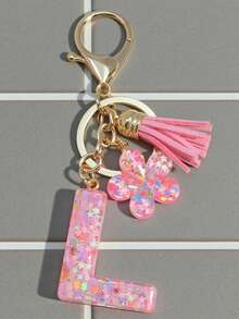 1pc Pink Sequin Letter Keychain Resin Pendant Keyring With Flower Tassel Decoration, Suitable For Women, Friends, Classmates As A Decoration, Fashionable And Creative Design Birthday Accessory, Bag Charm, Women's Fashion Jewelry, Metal Keychain, Creative Christmas Gift Ideas Bag Charms Car Accessories Teacher Sister - Pink - View 3