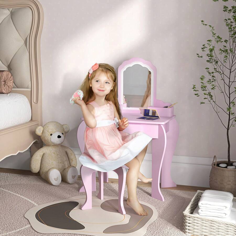 ZONEKIZ Kids Dressing Table, Kids Vanity Table, Girls Dressing Table With Mirror, Stool, Drawer, Storage Boxes, Cloud Design, For Ages 3-6 Years - Pink - Pink - View 1