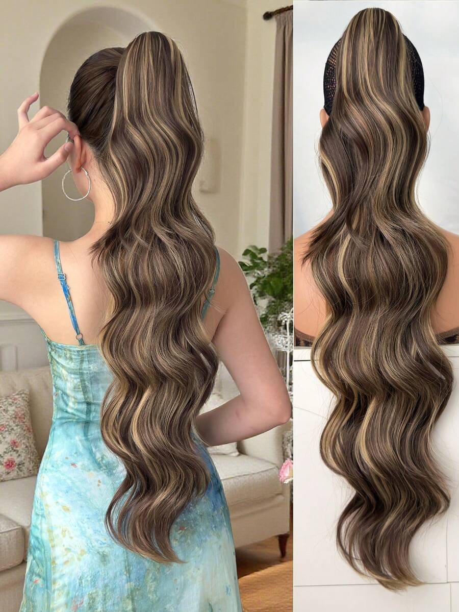 30英寸棕色自然波浪夹式马尾假发，柔软自然，耐热合成纤维，适合女性日常佩戴