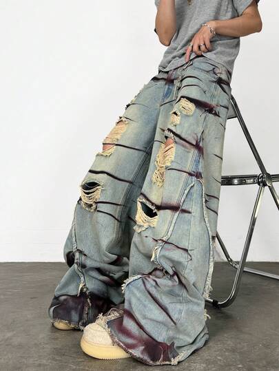 1件破洞拼接印花宽松阔腿牛仔裤，休闲美式街头风，适合所有季节（不含腰带和配饰）