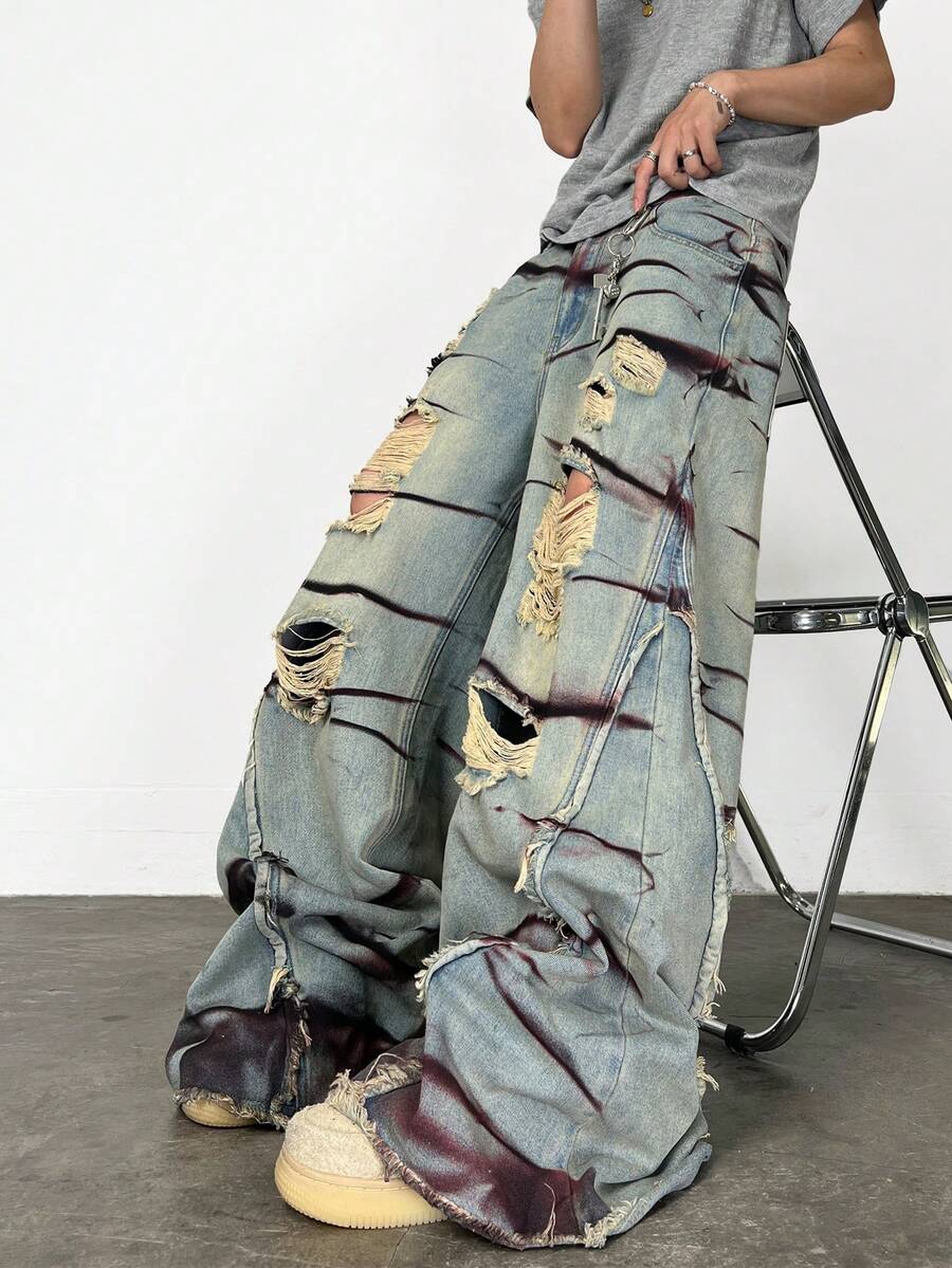 1pc Distressed Patchwork Graphic Print Loose Fit Wide Leg Jeans, Casual American Street Style, Suitable For All Seasons (Belt And Accessories Not Included) - Blue - View 1