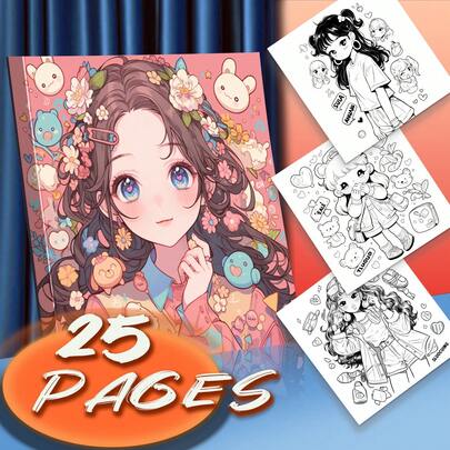 25 Pages 7.87x7.87 Inch Premium Spiral Bound Anime Girl Coloring Book, Cute Chibi Style, Square Patterns, Bleed-Proof Paper, Stress Relief, Creativity Boost | Perfect Gift For Halloween, Birthday, Christmas, Back To School