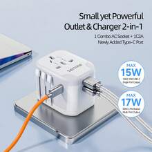 PHILIPS SPS1001A/93 全球旅行适配器，GaN 快速充电，双 USB-C/A 端口，一体式紧凑设计，可在 200 多个国家和地区使用