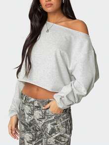 2025 New Women's Off-Shoulder Crop Hoodie - Long Sleeve Oversized Pullover Sweatshirt, Loose Fall Streetwear, Casual Loungewear For Going Out - 淺灰色 - 查看 3