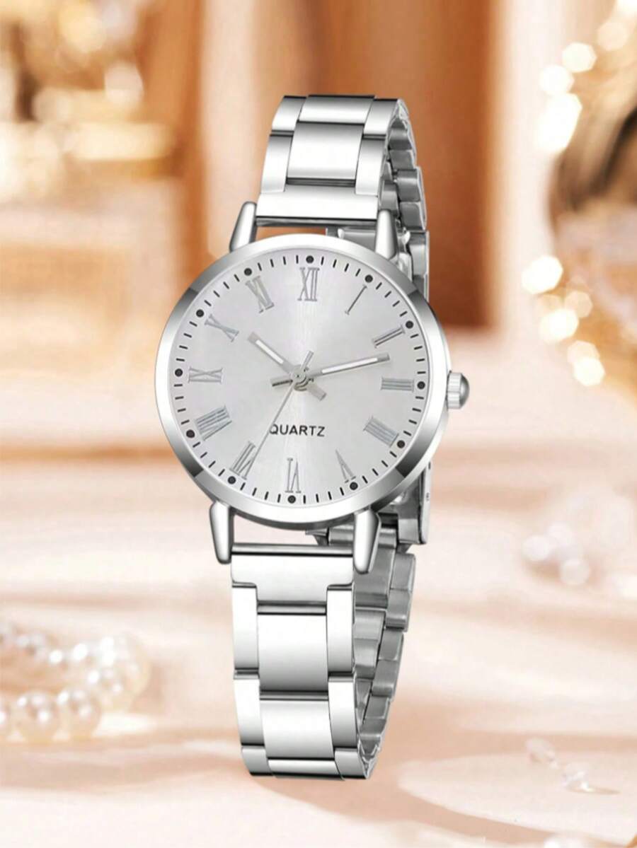 1 件优雅女士手表奢华完美复古浪漫简约创意模拟时钟纽扣电池指针石英表女孩学校情人节生日毕业节日礼物母亲和女儿送给她的浪漫礼物 - 銀色 - 查看 1