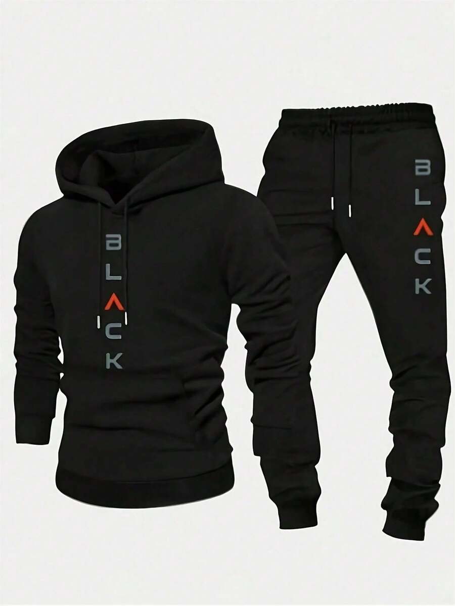 Mens Black Hoodie Jogger Tracksuit 2 Piece Set For Sports Activewear Homewear And Casual For Gym Lounge And Cool Urban Streetwear - 黑色 - 查看 1