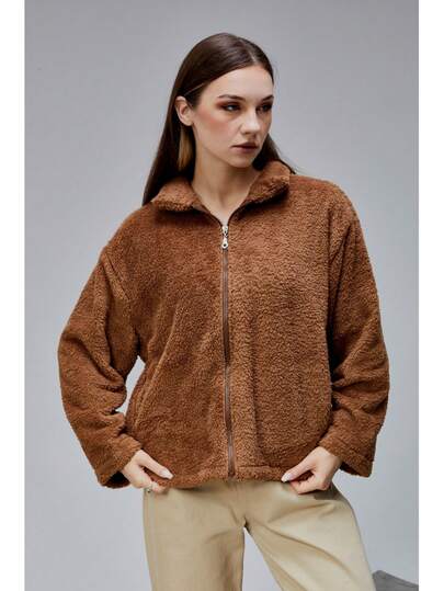 Women's Solid Color Drop Shoulder Long Sleeve Zip-Up Jacket, Autumn/Winter