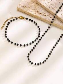 Elegant Women's Stainless Steel Necklace/Bracelet/Anklet With Black Round Beads & Golden-Tone Accents - Classic Minimalist Design, For Everyday Casual Or Formal Wear, Year-Round Jewelry Gift