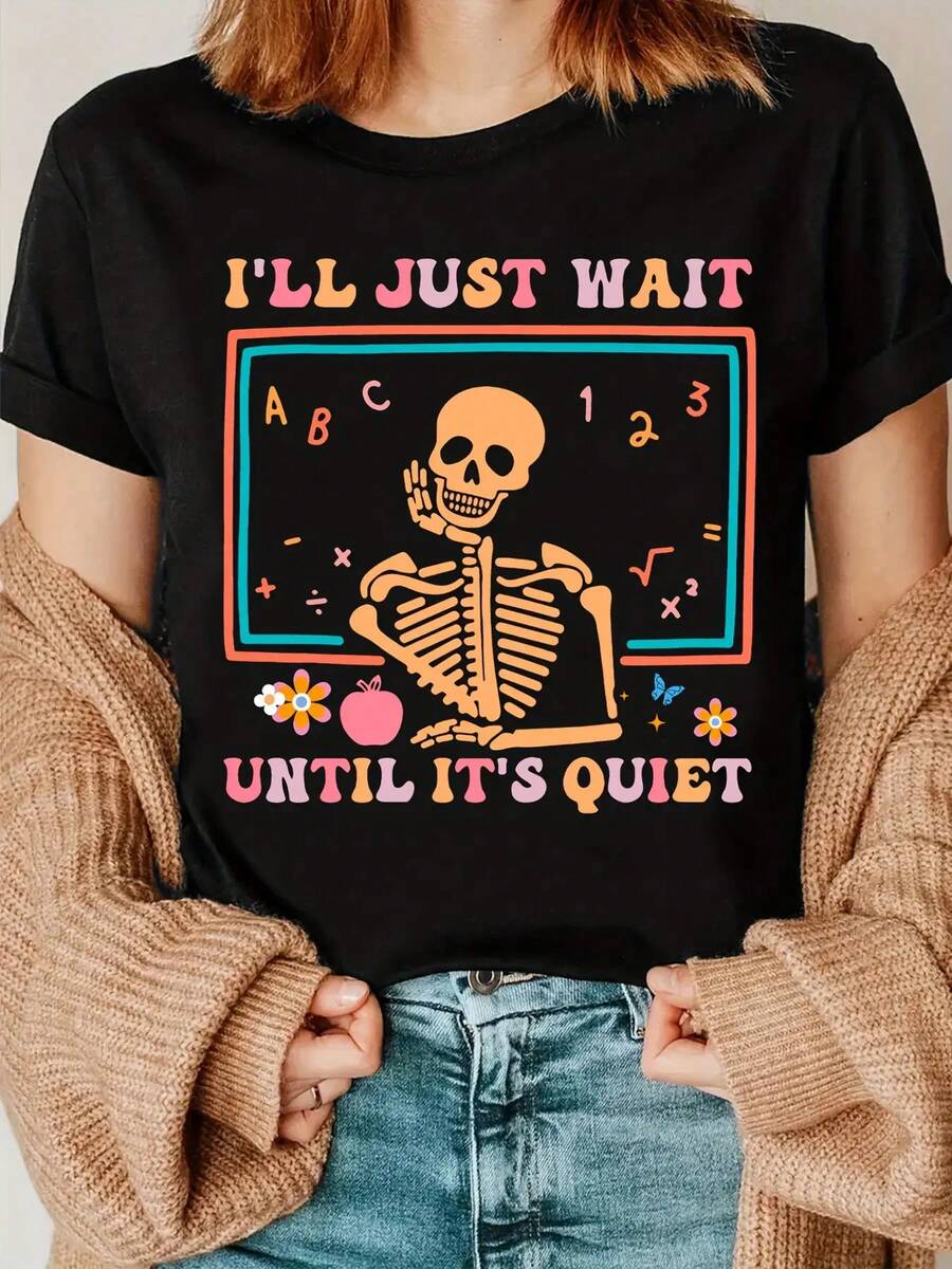 [Humorous Guitar Tee] Colorful Geometric Women's Casual Short Sleeve T-Shirt | "I'll Just Wait Until It's Quiet" Skeleton Playing Guitar Graphic Tee, Round Neck Summer Top, Machine Washable Teacher Gift Idea, Guitar T Shirt, Humorous Apparel, Playful Design, Medium Stretch Fabric- St Pattys Day Outfit - Summer Outfits For Women -Summer Tops- Vacation Outfits Women - - 黑色 - 查看 1