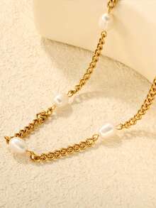 Collar de perlas de agua dulce de lujo europeo y americano, cadena de clavícula en forma de estrella de cinco puntas, collar de acero inoxidable chapado en oro de 18 quilates al vacío para fiestas, regalos, banquetes de boda y accesorios de joyería para mujeres