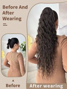 爪形马尾接发 26 英寸黑棕色自然波浪夹式接发 柔软自然外观耐热纤维合成假发 适合女性日常使用 - Dark Brown - 查看 4