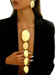 1 set de cercei și colier oval din metal, stil vintage auriu, la modă, versatil, potrivit pentru purtarea zilnică a femeilor